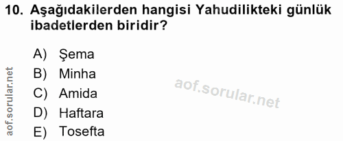 10. soru: Aşağıdakilerden hangisi Yahudilikteki günlük ibadetlerden biridir? A) Şema B) Minha C) Amida D) Haftara E) Tosefta