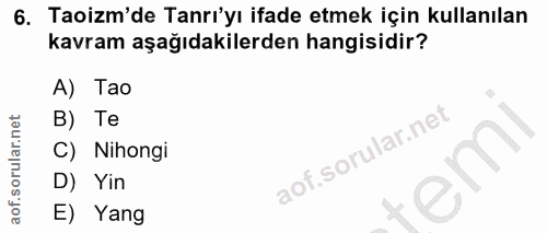 6. soru: Taoizm'de Tanrı'yı ifade etmek için kullanılan kavram aşağıdakilerden hangisidir? A) Tao B) Te C) Nihongi D) Yin E) Yang