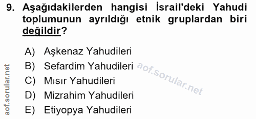 9. soru: Aşağıdakilerden hangisi İsrail'deki Yahudi toplumunun ayrıldığı etnik gruplardan biri değildir? A) Aşkenaz Yahudileri…