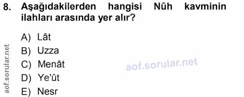 8. soru: Aşağıdakilerden hangisi Nûh kavminin ilahları arasında yer alır? A) Lât B) Uzza C) Menât D) Ye'üt E) Nesr