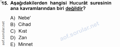 15. soru: Aşağıdakilerden hangisi Hucurât suresinin ana kavramlarından biri değildir? A) Nebe' B) Cihad C) Kıst D) Zan E) Minnet