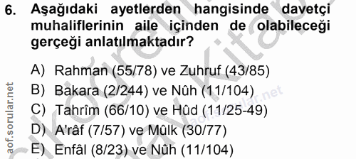 6. soru: Aşağıdaki ayetlerden hangisinde davetçi muhaliflerinin aile içinden de olabileceği gerçeği anlatılmaktadır? A) Rahman…