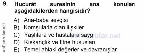 9. soru: Hucurât suresinin ana konuları aşağıdakilerden hangisidir? A) Ana-baba sevgisi B) Komşularla olan ilişkiler C) Yaşlıl…