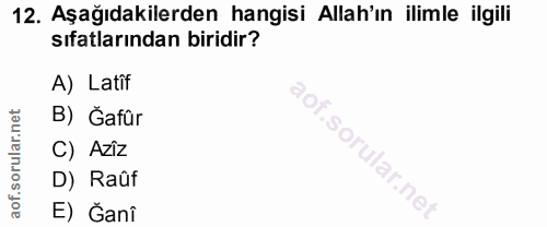 12. soru: Aşağıdakilerden hangisi Allah'ın ilimle ilgili sıfatlarından biridir? A) Latîf B) Ğafûr C) AzIZ f. l D) Raûf E) Ğanî