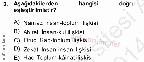 3. soru: Aşağıdakilerden hangisi doğru eşleştirilmiştir? A) Namaz: İnsan-toplum ilişkisi B) Ahiret: İnsan-kul ilişkisi C) Oruç…
