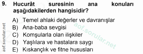 9. soru: Hucurât suresinin ana konuları aşağıdakilerden hangisidir? A) Temel ahlaki değerler ve davranışlar B) Ana-baba sevgis…