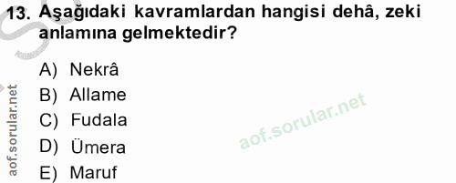 13. soru: Aşağıdaki kavramlardan hangisi dehâ, zeki anlamına gelmektedir? A) Nekrâ B) Allame C) Fudala D) Ümera E) Maruf