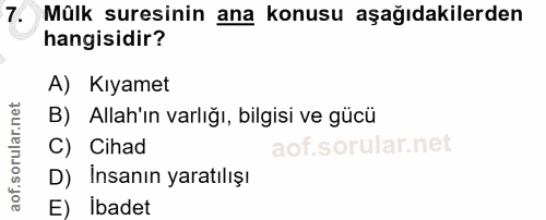 7. soru: Mülk suresinin ana konusu aşağıdakilerden hangisidir? A) Kıyamet B) Allah'ın varlığı, bilgisi ve gücü C) Cihad D) Ins…