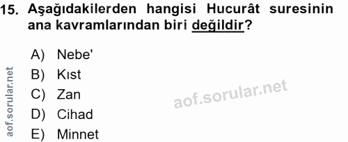 15. soru: Aşağıdakilerden hangisi Hucurât suresinin ana kavramlarından biri değildir? A) Nebe' B) Kıst C) Zan D) Cihad E) Minnet