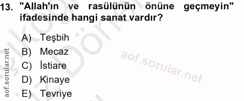 13. soru: "Allah'ın ve rasülünün önüne geçmeyin" ifadesinde hangi sanat vardır? A) Teşbih B) Mecaz C) Istiare D) Kinaye E) Tevriye