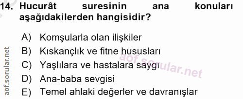 14. soru: Hucurât suresinin ana konuları aşağıdakilerden hangisidir? A) Komşularla olan ilişkiler B) Kıskançlık ve fitne hususl…