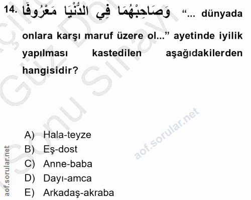 14. soru: وصاحبْهُمَا في الدُّنْيَا مَعْرُوفًا . a 4 onlara karşı maruf üzere ol.." ayetinde iyilik yapılması kastedilen aşağıd…