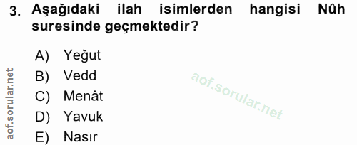 3. soru: Aşağıdaki ilah isimlerden hangisi Nûh suresinde geçmektedir? A) Yeğut B) Vedd C) Menât D) Yavuk E) Nasır