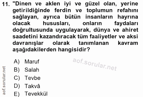 11. soru: "Dinen ve aklen iyi ve güzel olan, yerine getirildiğinde ferdin ve toplumun refahını sağlayan, ayrıca bütün insanları…