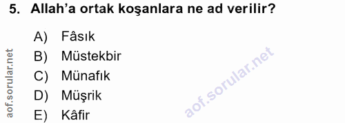 5. soru: Allah'a ortak koşanlara ne ad verilir? A) Fâsık B) Müstekbir C) Münafik D) Müşrik E) Kâfir