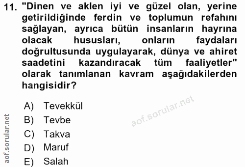 11. soru: "Dinen ve aklen iyi ve güzel olan, yerine getirildiğinde ferdin ve toplumun refahını sağlayan, ayrıca bütün insanları…