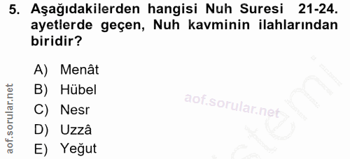 5. soru: Aşağıdakilerden hangisi Nuh Suresi 21-24. ayetlerde geçen, Nuh kavminin ilahlarından biridir? A) Menât B) Hübel C) Ne…