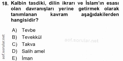 18. soru: Kalbin tasdiki, dilin ikrarı ve islam'ın esası olan davranışları yerine getirmek olarak tanımlanan kavram aşağıdakile…