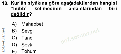 18. soru: Kur'ân siyâkına göre aşağıdakilerden hangisi "hubb" kelimesinin anlamlarından biri değildir? A) Mahabbet B) Sevgi C)…
