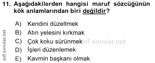 11. soru: Aşağıdakilerden hangisi maruf sözcüğünün kök anlamlarından biri değildir? A) Kendini düzeltmek B) Atın yelesini kırkm…