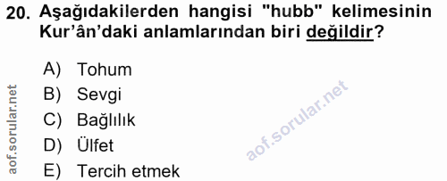 20. soru: Aşağıdakilerden hangisi "hubb" kelimesinin Kur'ân'daki anlamlarından biri değildir? A) Tohum B) Sevgi C) Bağlılık D)…