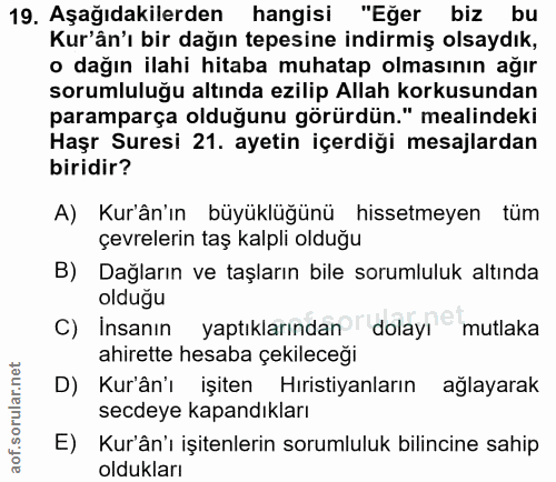 19. soru: Aşağıdakilerden hangisi "Eğer biz bu Kur'ân'ı bir dağın tepesine indirmiş olsaydık, o dağın ilahi hitaba muhatap olma…