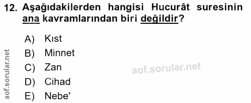 12. soru: Aşağıdakilerden hangisi Hucurât suresinin ana kavramlarından biri değildir? A) Kıst rular.net B) Minnet C) Zan D) Cih…