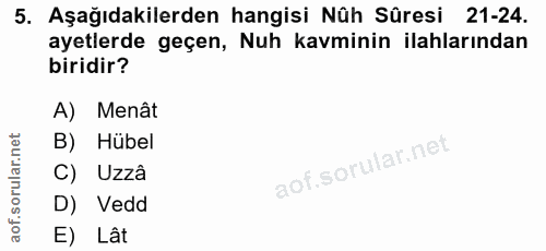 5. soru: Aşağıdakilerden hangisi Nûh Sûresi 21-24. ayetlerde geçen, Nuh kavminin ilahlarından biridir? A) Menât B) Hubel C) Uz…