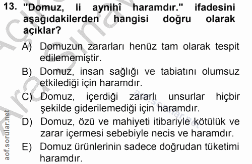 13. soru: "Domuz, li aynihî haramdır." ifadesini aşağıdakilerden hangisi doğru olarak açıklar? A) Domuzun zararları henüz tam o…