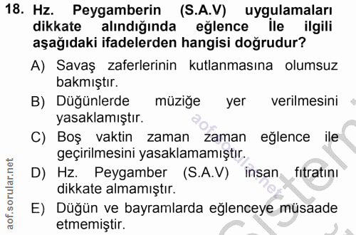 18. soru: Hz. Peygamberin (S.A.V) uygulamaları dikkate alındığında eğlence lle ilgili aşağıdaki ifadelerden hangisi doğrudur? A…