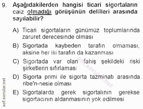 9. soru: Aşağıdakilerden hangisi ticari sigortaların caiz olmadığı görüşünün delilleri arasında sayılabilir? A) Ticari sigorta…