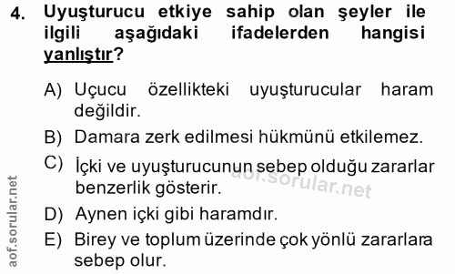 4. soru: Uyuşturucu etkiye sahip olan şeyler ile ilgili aşağıdaki ifadelerden hangisi yanlıştır? A) Uçucu özellikteki uyuşturu…