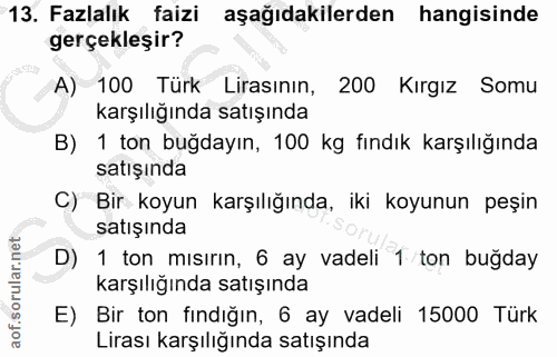 13. soru: Fazlalık faizi aşağıdakilerden hangisinde gerçekleşir? A) 100 Türk Lirasının, 200 Kırgız Somu karşılığında satışında…