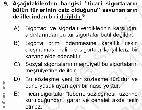 9. soru: Aşağıdakilerden hangisi "ticari sigortaların bütün türlerinin caiz olduğunu" savunanların delillerinden biri değildir…