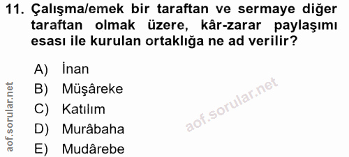 11. soru: Çalışma/emek bir taraftan ve sermaye diğer taraftan olmak üzere, kâr-zarar paylaşımı esası ile kurulan ortaklığa ne a…