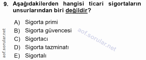 9. soru: Aşağıdakilerden hangisi ticari sigortaların unsurlarından biri değildir? A) Sigorta primi B) Sigorta güvencesi C) Sig…