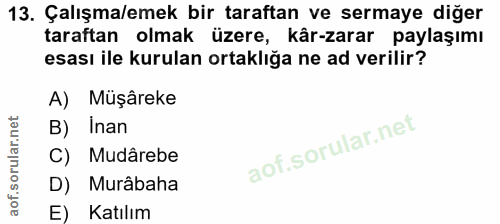 13. soru: Çalışma/emek bir taraftan ve sermaye diğer taraftan olmak üzere, kâr-zarar paylaşımı esası ile kurulan ortaklığa ne a…