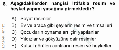 8. soru: Aşağıdakilerden hangisi ittifakla resim ve heykel yapımı yasağına girmektedir? A) Soyut resimler B) Ev ve araba gibi…