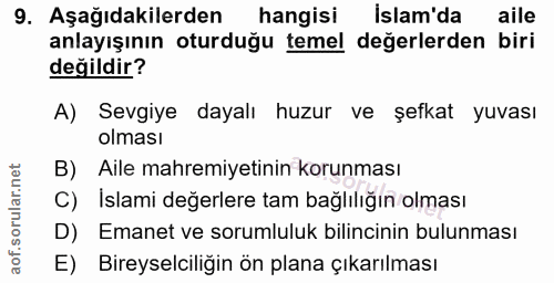 9. soru: Aşağıdakilerden hangisi Islam'da aile anlayışının oturduğu temel değerlerden biri değildir? A) Sevgiye dayalı huzur v…