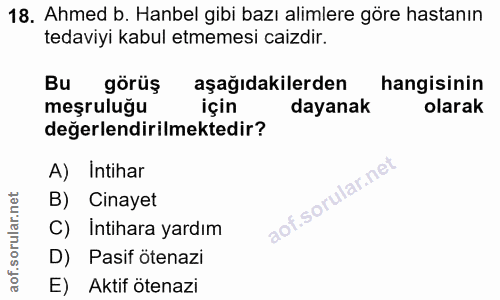 18. soru: Ahmed b. Hanbel gibi bazı alimlere göre hastanın tedaviyi kabul etmemesi caizdir. Bu görüş aşağıdakilerden hangisinin…