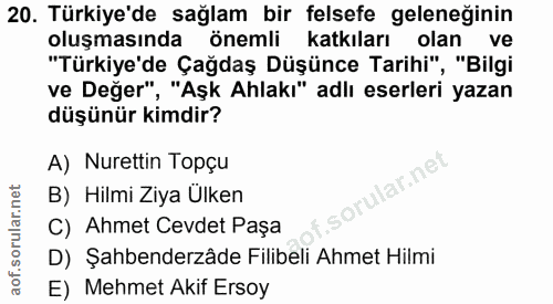 20. soru: Türkiye'de sağlam bir felsefe geleneğinin oluşmasında önemli katkıları olan ve "Türkiye'de Çağdaş Düşünce Tarihi", "B…