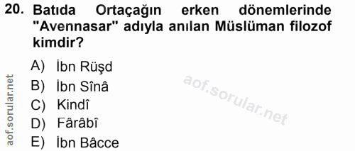 20. soru: Batıda Ortaçağın erken dönemlerinde "Avennasar" adıyla anılan Müslüman filozof kimdir? A) Ibn Rüşd B) Ibn Sînâ C) Kin…