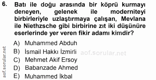 6. soru: l Batı ile doğu arasında bir köprü kurmayı deneyen, gelenek ile moderniteyi birbirleriyle uzlaştırmaya çalışan, Mevla…