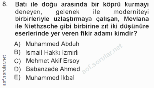 8. soru: Batı ile doğu arasında bir köprü kurmayı deneyen, gelenek ile moderniteyi birbirleriyle uzlaştırmaya çalışan, Mevlana…
