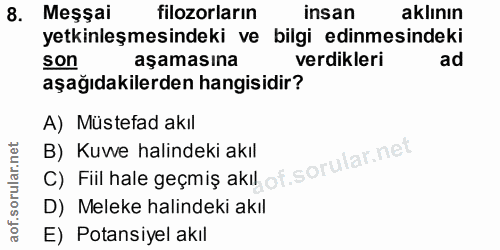 8. soru: Meşsai filozorların insan aklının etkinleşmesindeki ve bilgi edinmesindeki son aşamasına verdikleri ad aşağıdakilerde…