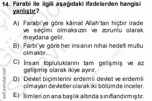 14. soru: Farabi ile ilgili aşağıdaki ifadelerden hangisi yanlıştır? A) Farabi'ye göre kâinat Allah'tan hiçbir irade ve seçimi…