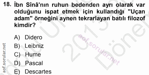 18. soru: İbn Sînâ'nın ruhun bedenden ayrı olarak var olduğunu ispat etmek için kullandığı "Uçan adam" örneğini aynen tekrarlay…