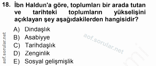 18. soru: Ibn Haldun'a göre, toplumları bir arada tutan ve tarihteki toplumların yükselişini açıklayan şey aşağıdakilerden hang…
