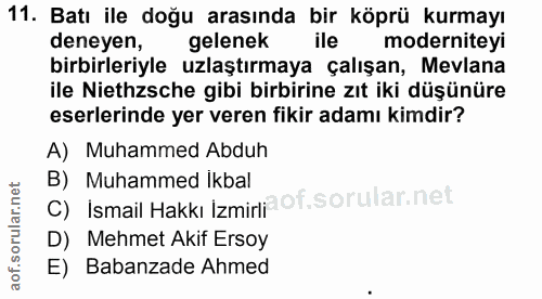 11. soru: Batı ile doğu arasında bir köprü kurmayı deneyen, gelenek ile moderniteyi birbirleriyle uzlaştırmaya çalışan, Mevlana…
