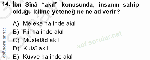 14. soru: İbn Sînâ "akıl" konusunda, insanın sahip olduğu bilme yetenegine ne ad verir? A) Meleke halinde akıl B) Fiil halinde…